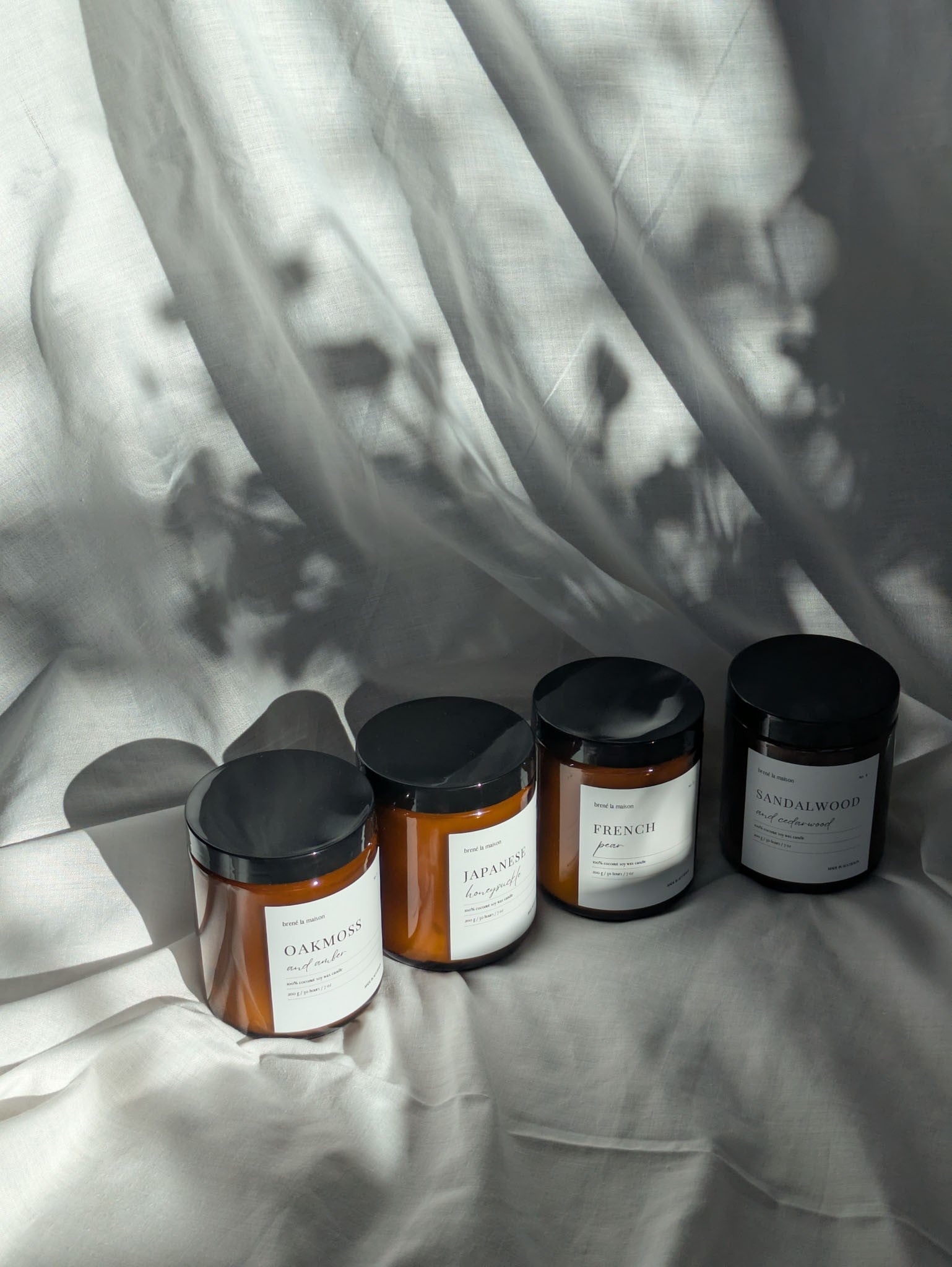 Brene La Maison candle collection - Oakmoss and Amber, Japanese Honeysuckle, French Pear, Sandalwood and Cedarwood